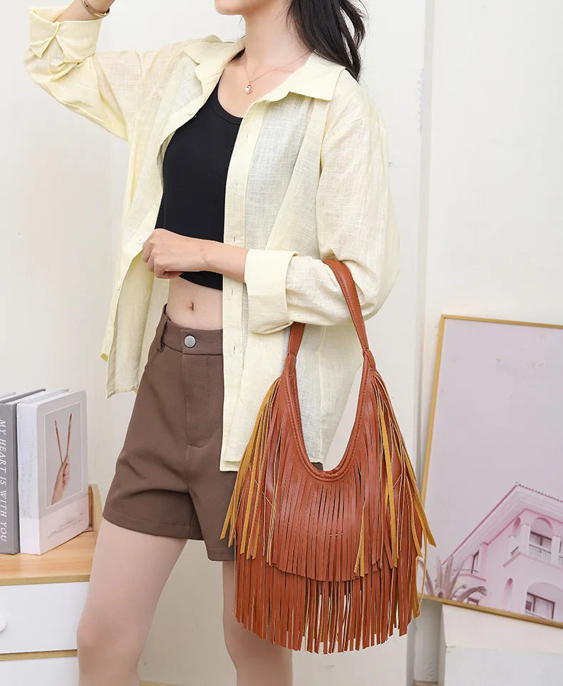 Tassel Shoulder Tote Bag for Women Soft PU Leather Handbag