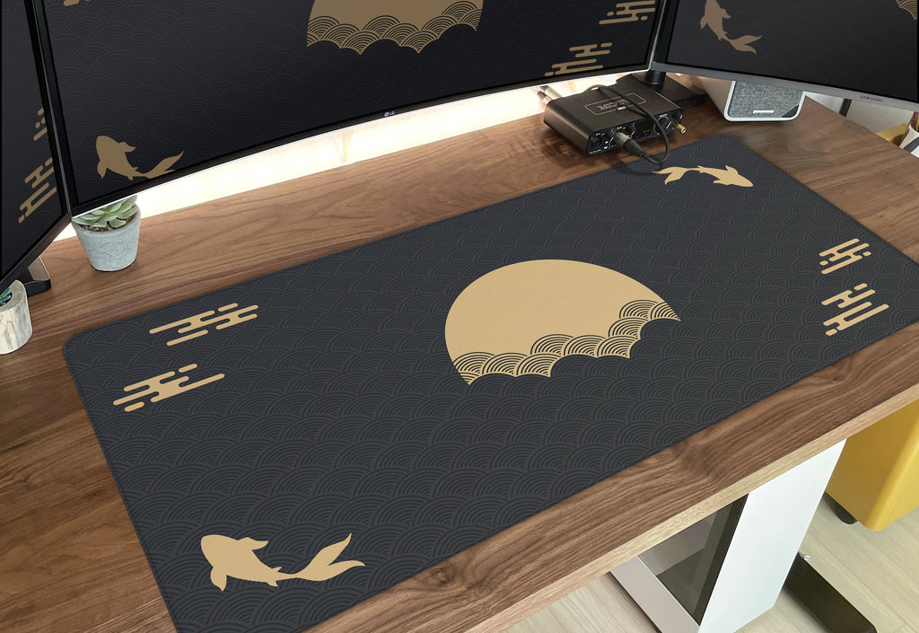 Fish Desk Mat Black Gold XXL Mouse Pad Gaming Desk Mat Sunrise Art