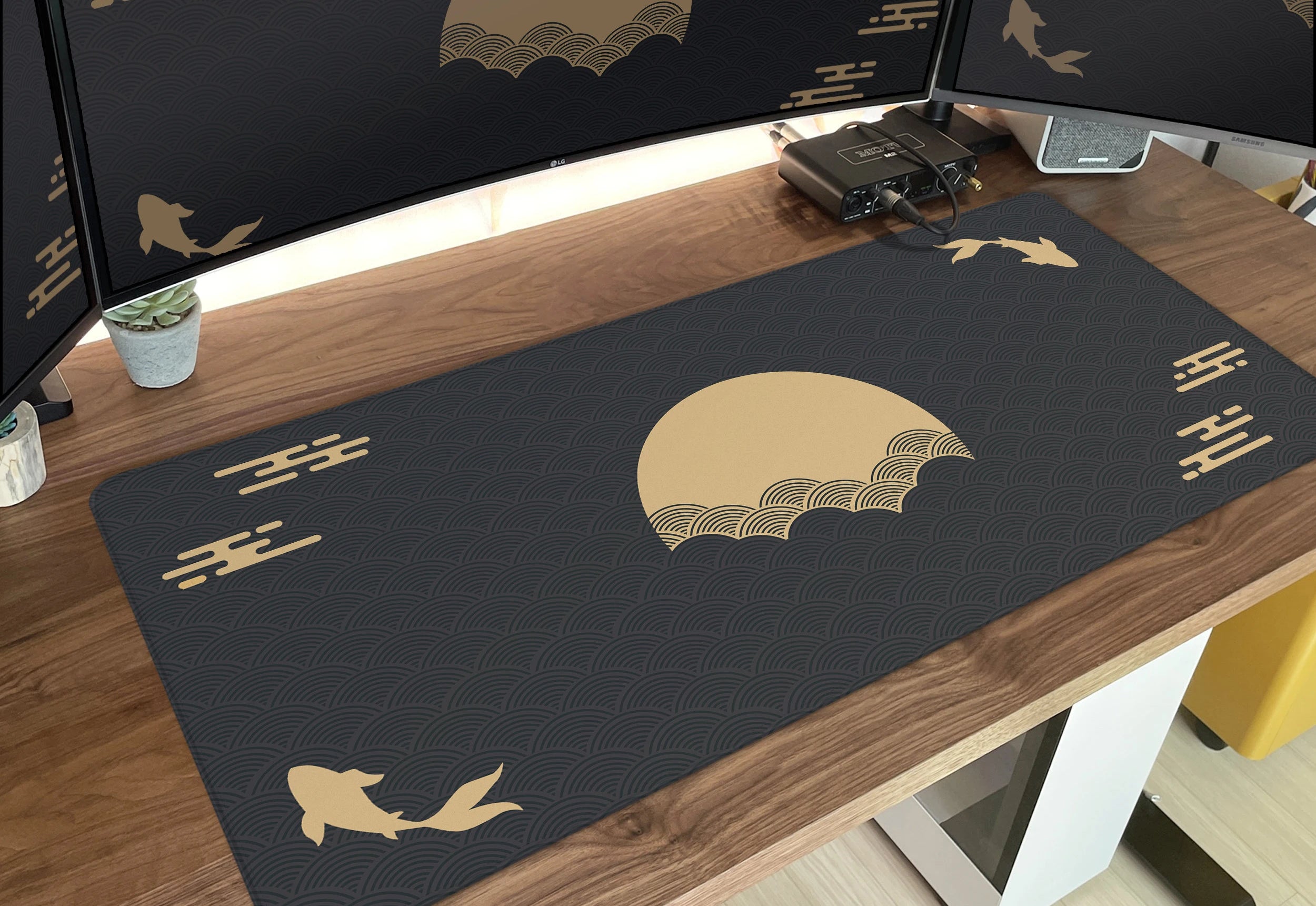 Fish Desk Mat Black Gold XXL Mouse Pad Gaming Desk Mat Sunrise Art