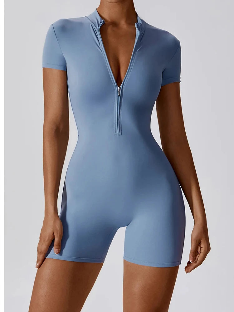 Women Zip Front Seamless Jumpsuit Short Sleeve Fitness Romper Bodycon Workout Outfit