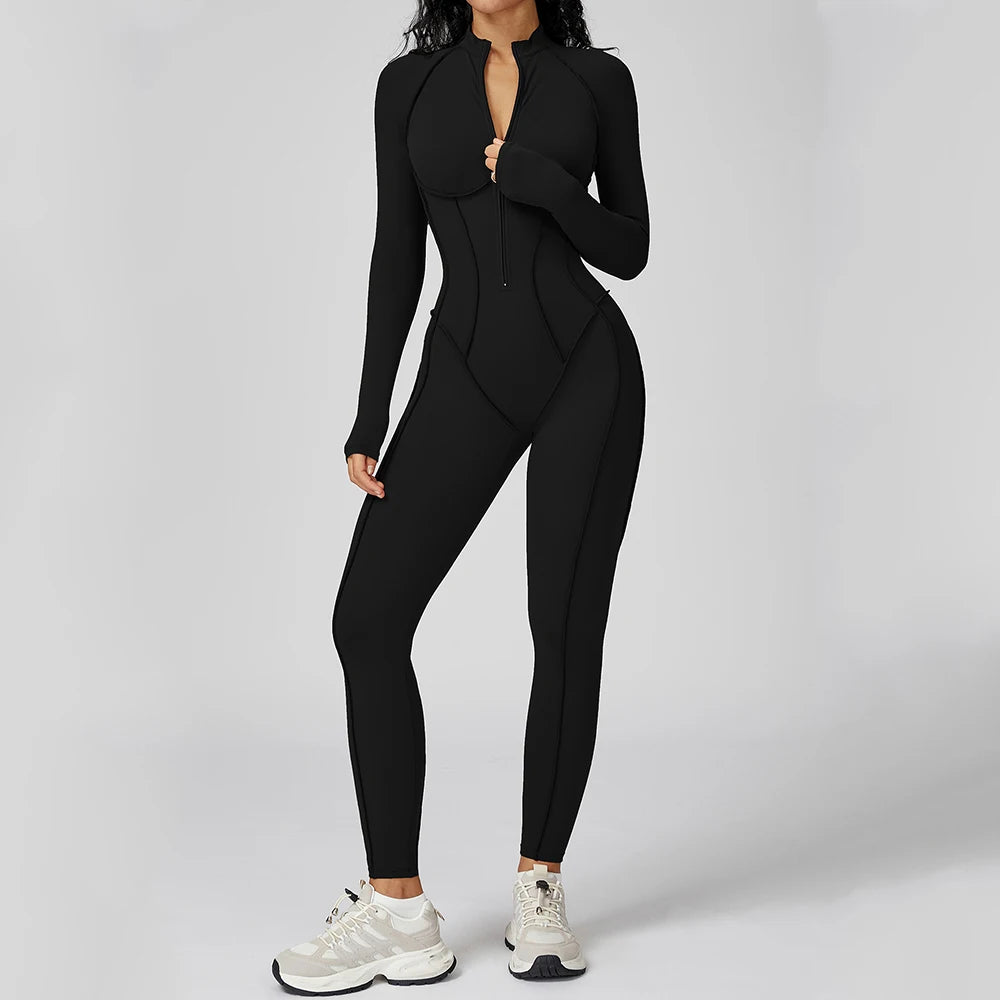 Women Long Sleeve Zip Front Fitness Jumpsuit Body Shaping One Piece Workout Suit