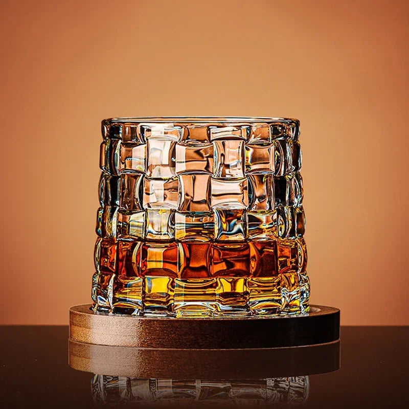 Crystal Whiskey Tumbler Rotating Spinning Glass with Base for Bar Home