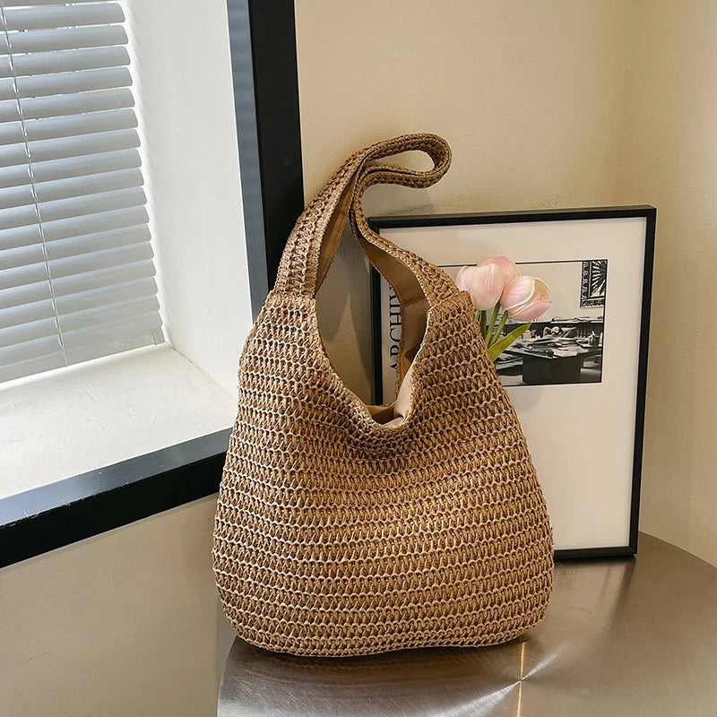 Woven Rattan Shoulder Bag Large Capacity Summer Straw Tote for Women