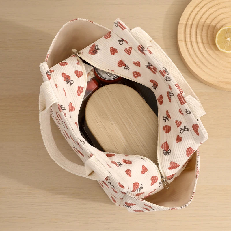 Corduroy Thermal Insulated Lunch Bag Multifunctional Storage Handbag Picnic Cooler Bag
