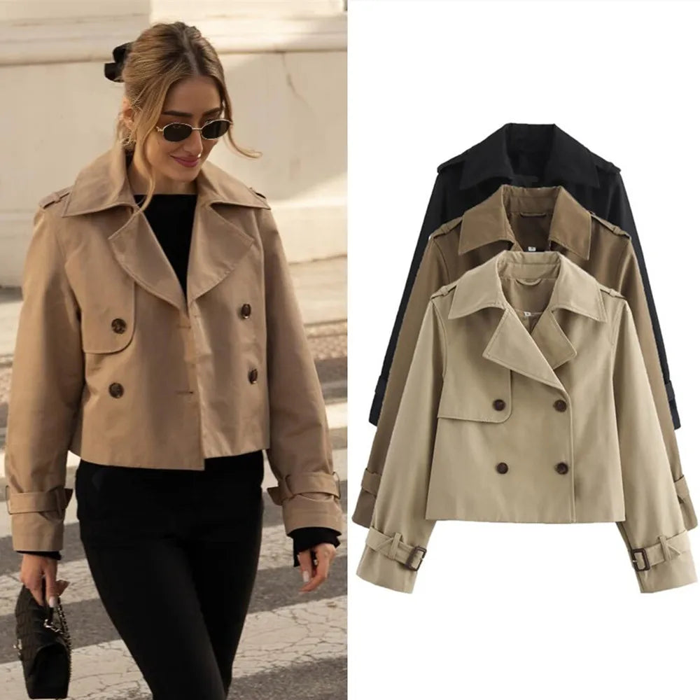 Women Cropped Trench Coat Vintage Double Breasted Long Sleeve Streetwear Jacket