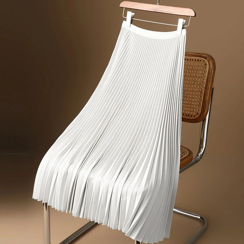 Women Satin Pleated A Line Midi Skirt High Waist Elastic Waist Long Skirt