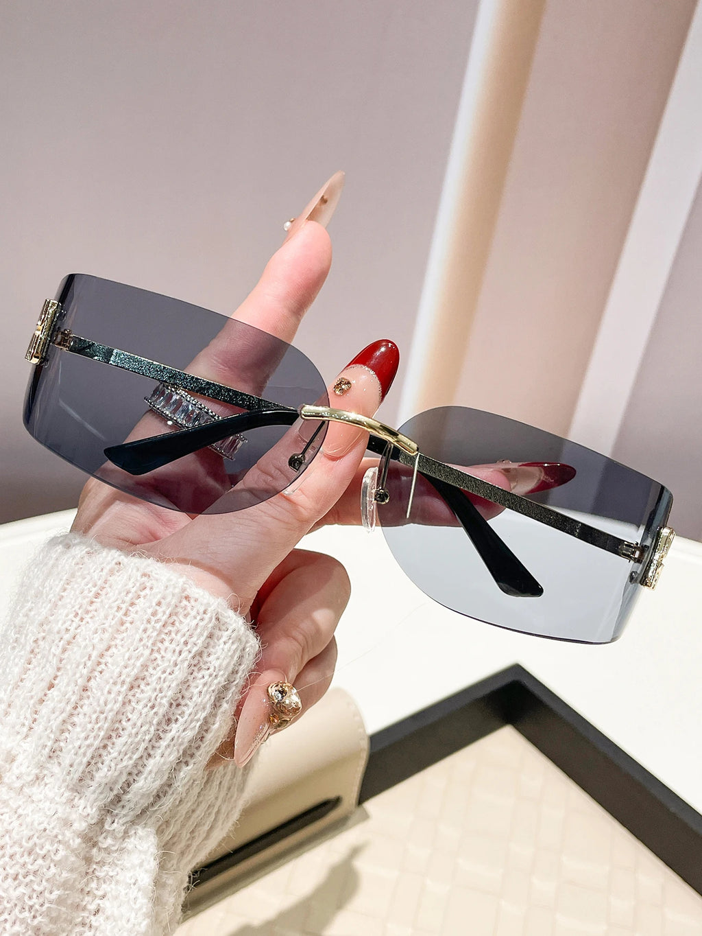 Unisex Retro Square Frameless Glasses Large Lens Fashion Travel Sunglasses