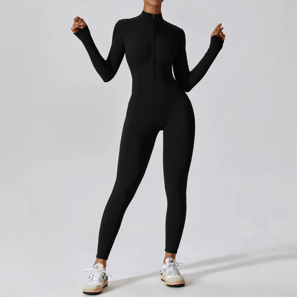 Women Long Sleeve Yoga Jumpsuit Zipper One Piece Fitness Workout Bodysuit Slim Fit
