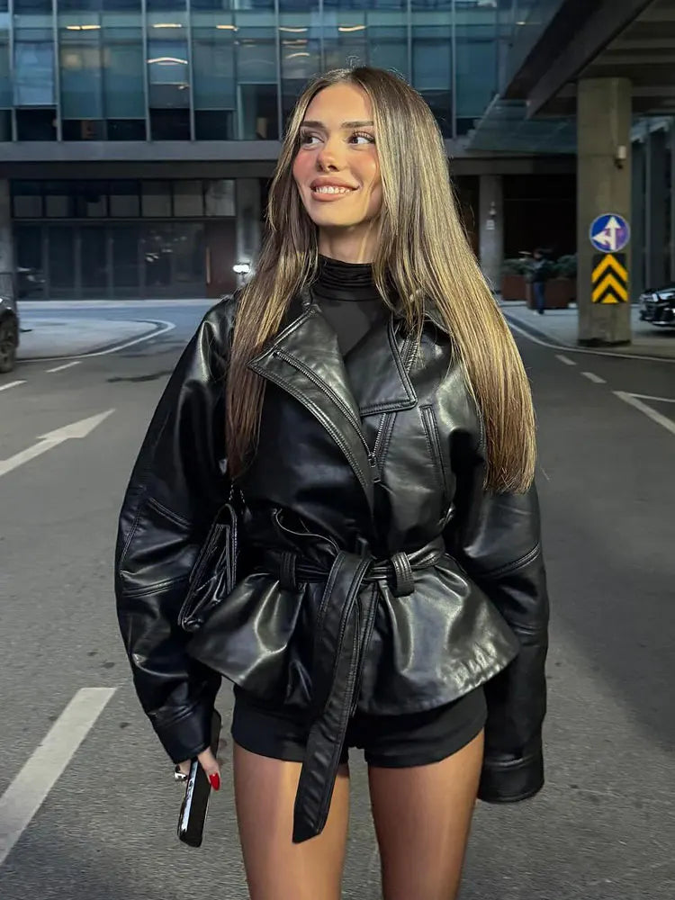 Women Black Faux Leather Trench Coat Belted Long Sleeve Lapel Motorcycle Style Jacket
