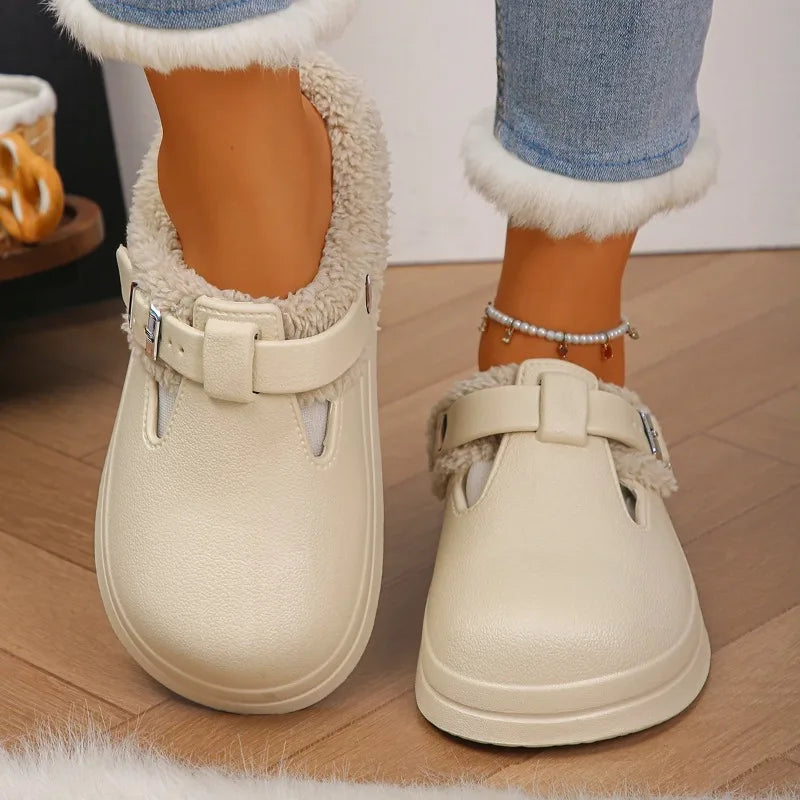 Furry Mule Slippers Women Buckle Winter Plush Warm Indoor Shoes Thick Sole Cozy Slides