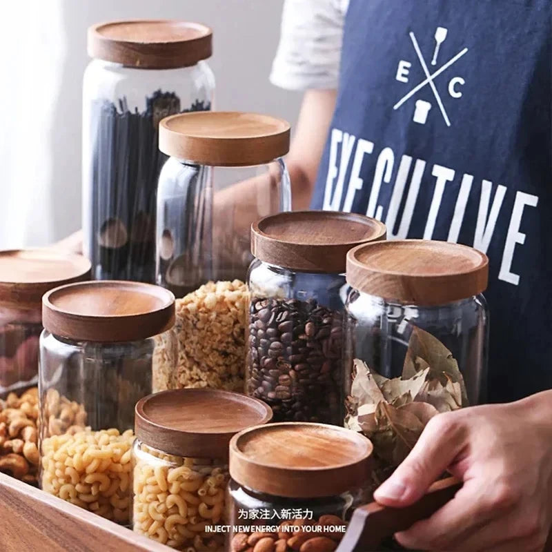 Glass Airtight Food Storage Jar with Wooden Lid Kitchen Canister
