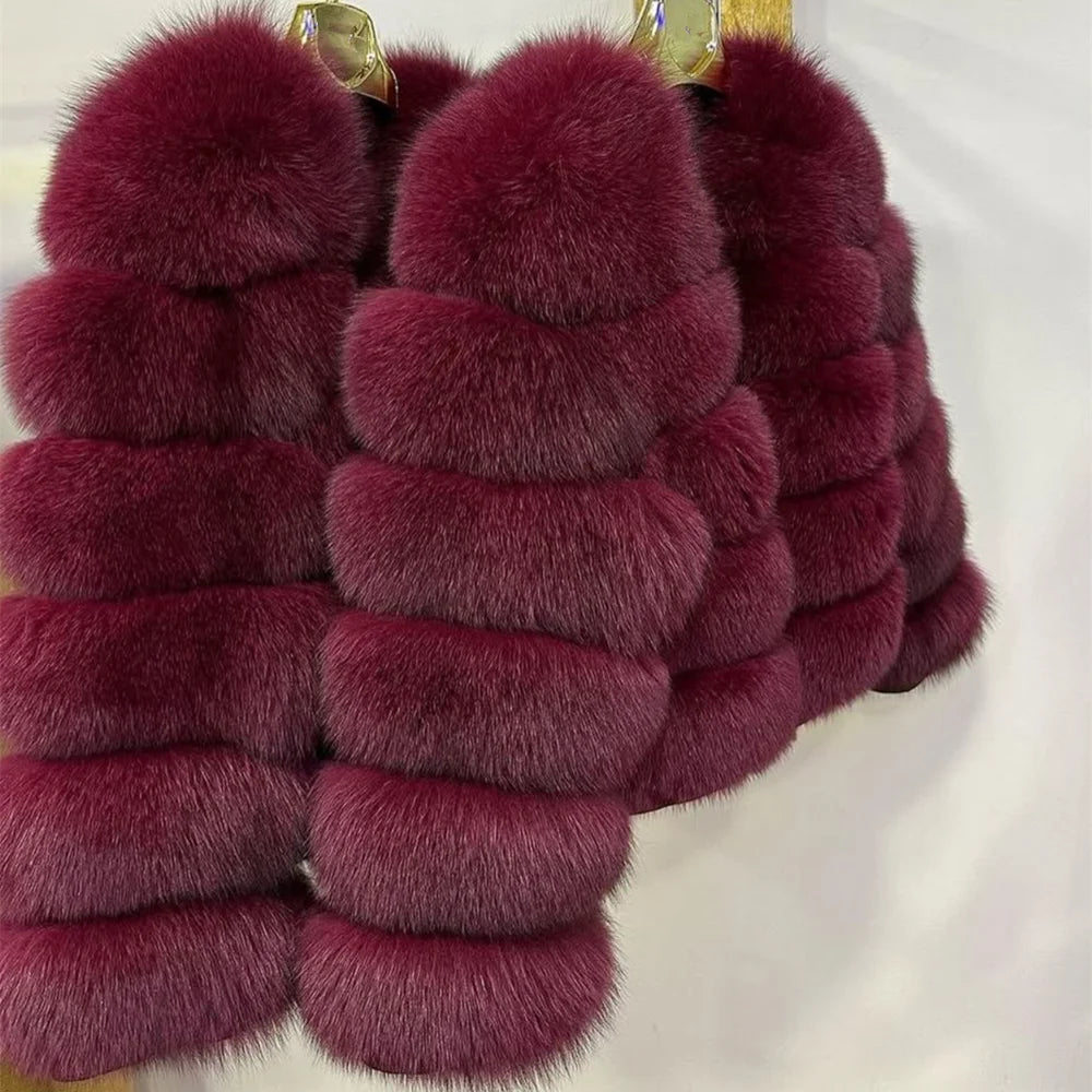 Women Real Fox Fur Winter Coat Brown Leather Jacket