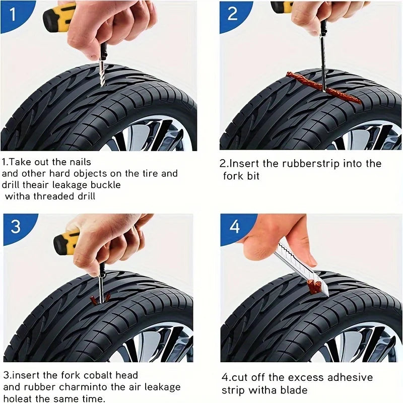 Emergency Tire Repair Kit – Car Puncture Fix Tool Set with Rubber Strips & Glue