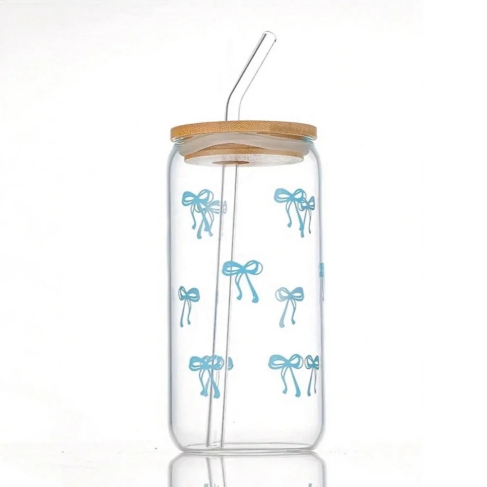 Pink Bow Glass Tumbler with Lid and Straw 500ml