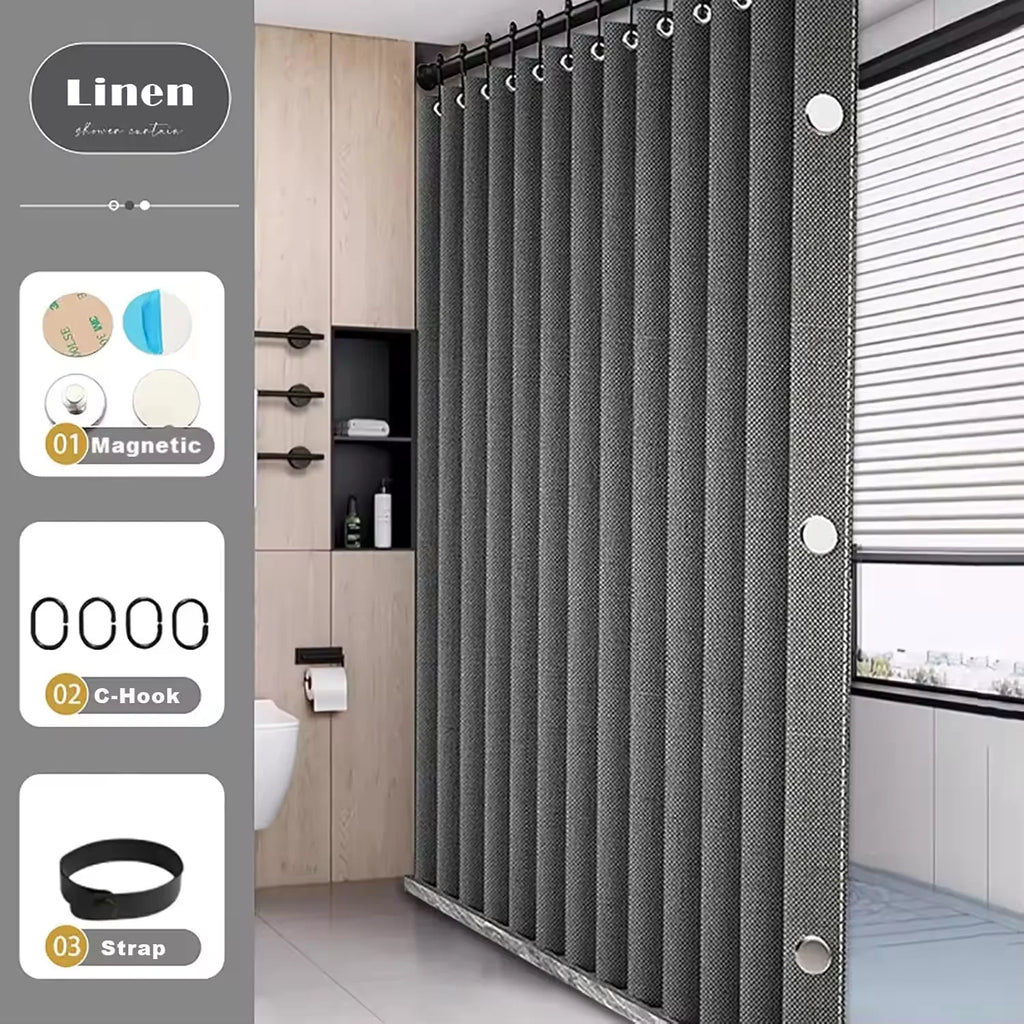 Magnetic Foldable Shower Curtain Linen Waterproof Walk In Bath Curtain
