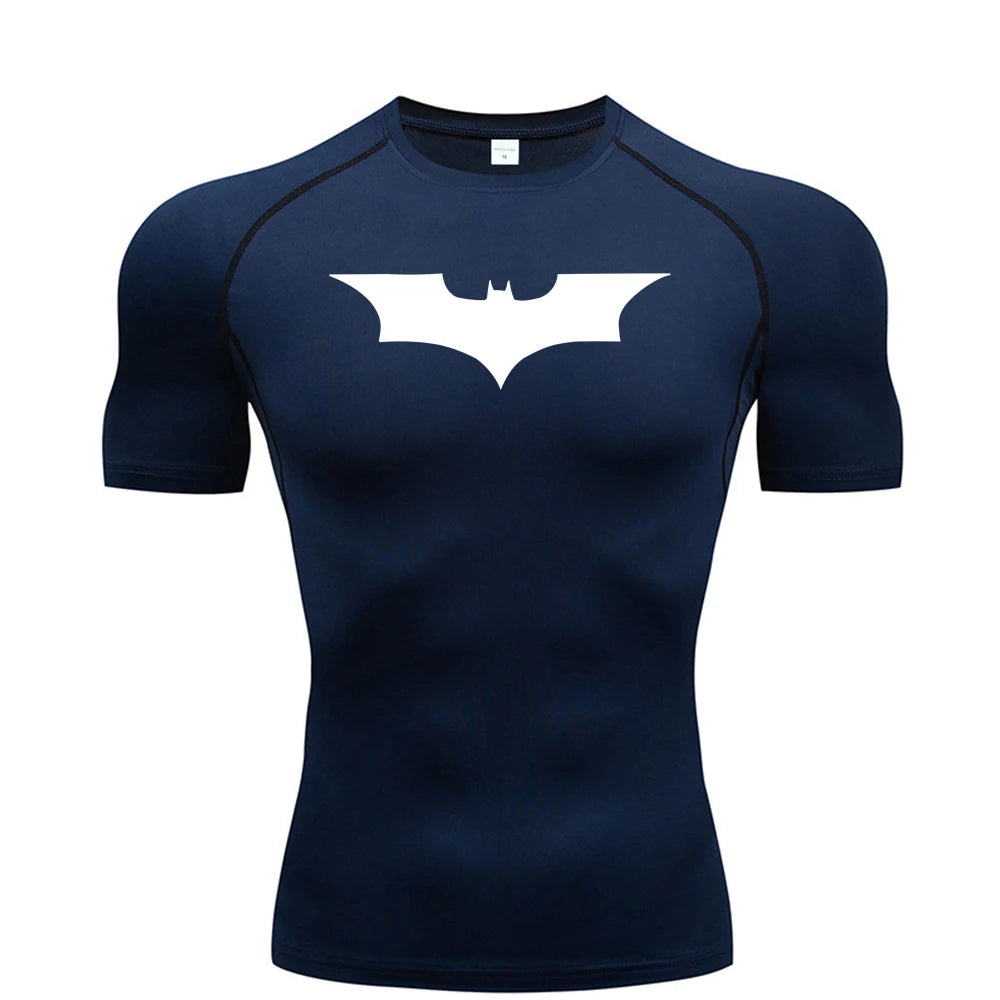 Men Bat Print Compression T Shirt Short Sleeve Gym Running Fitness Tee