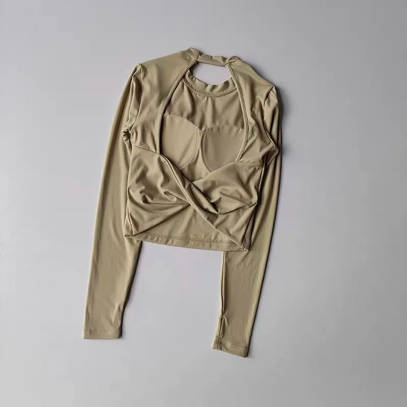 Women Yoga Long Sleeve Crop Top Backless Slim Fit Waist Cinch Fitness Shirt