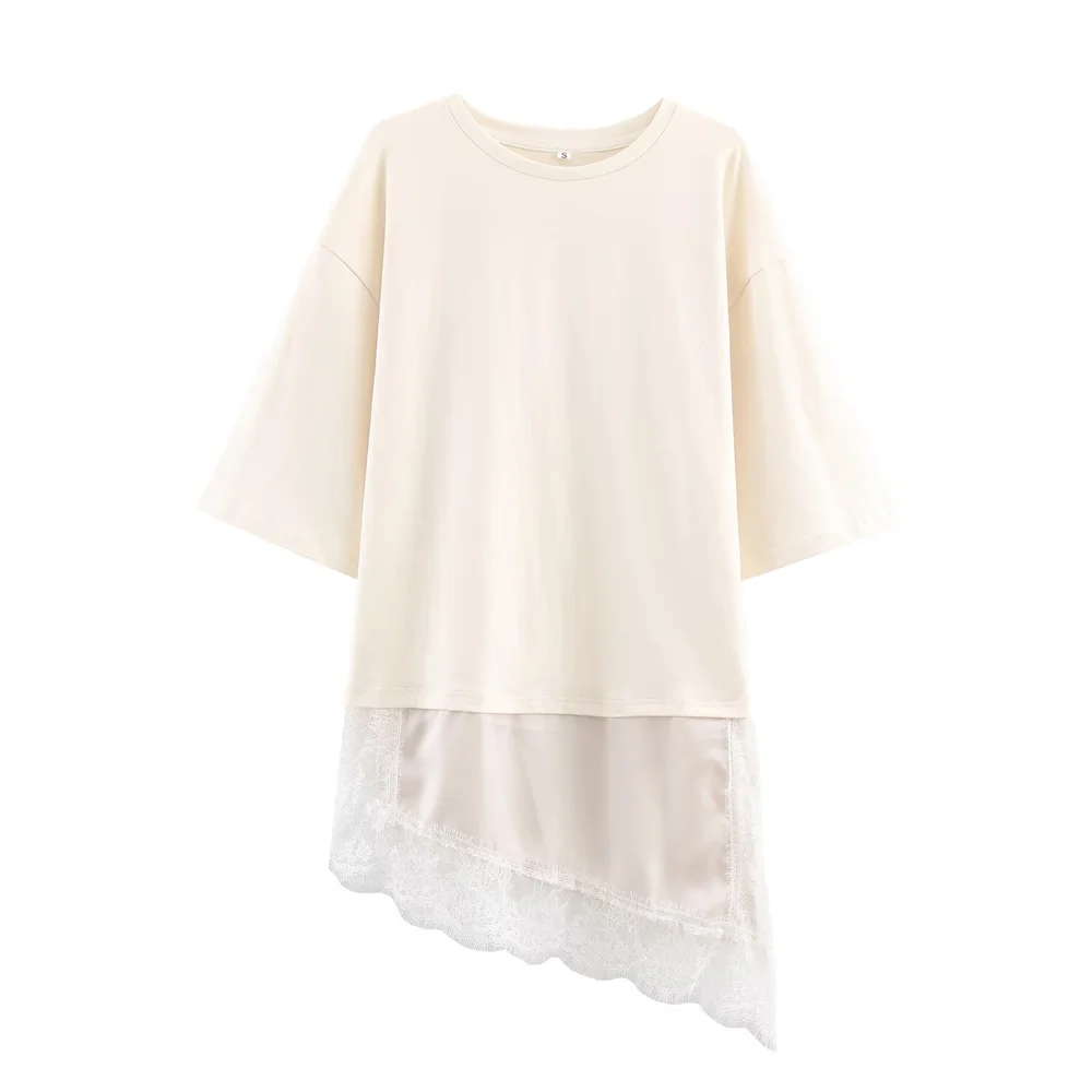 Women Asymmetric Lace T Shirt Slim Fit Round Neck Short Sleeve Fashion Top