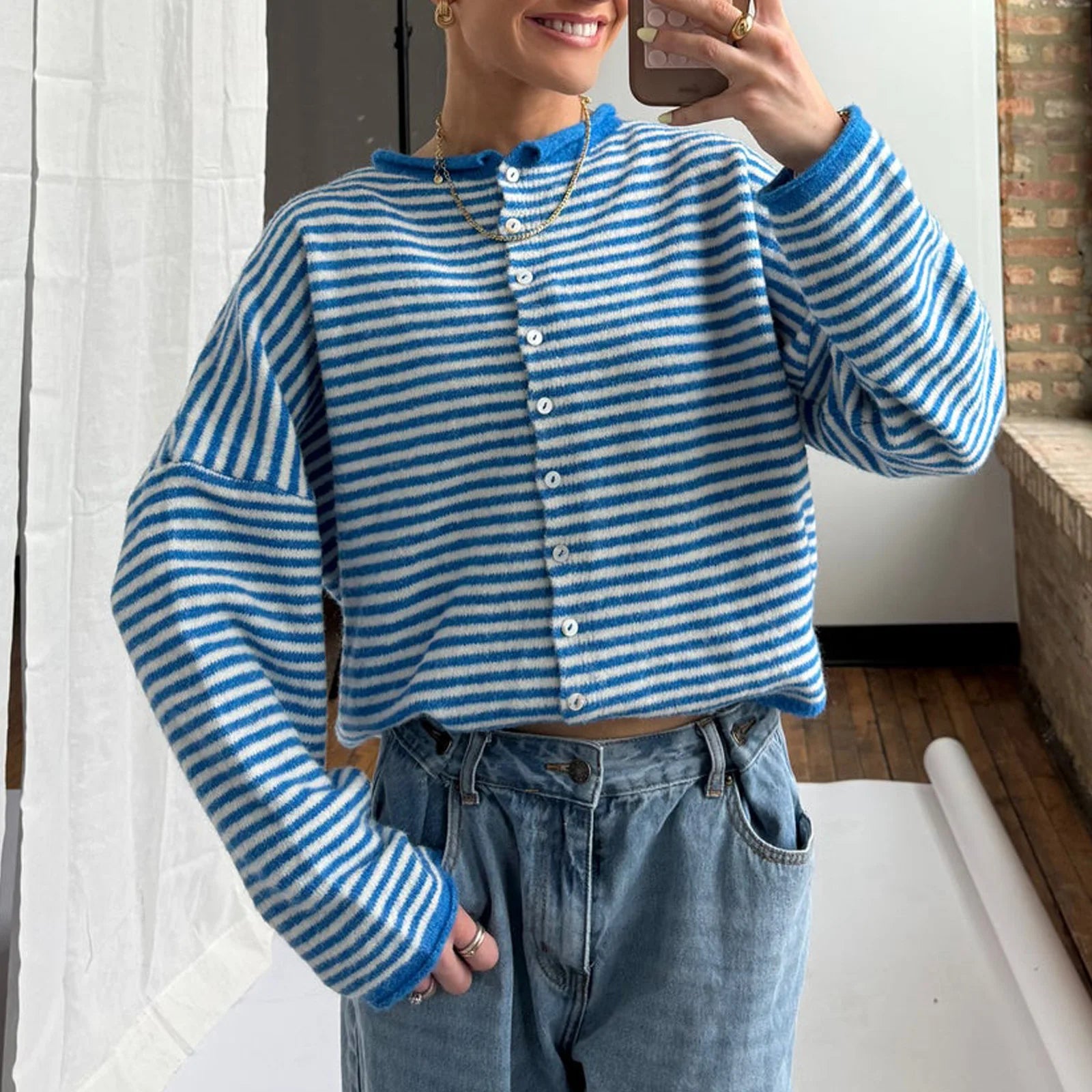 Women Striped Knit Cardigan Loose Fit Long Sleeve Y2K Autumn Casual Sweater