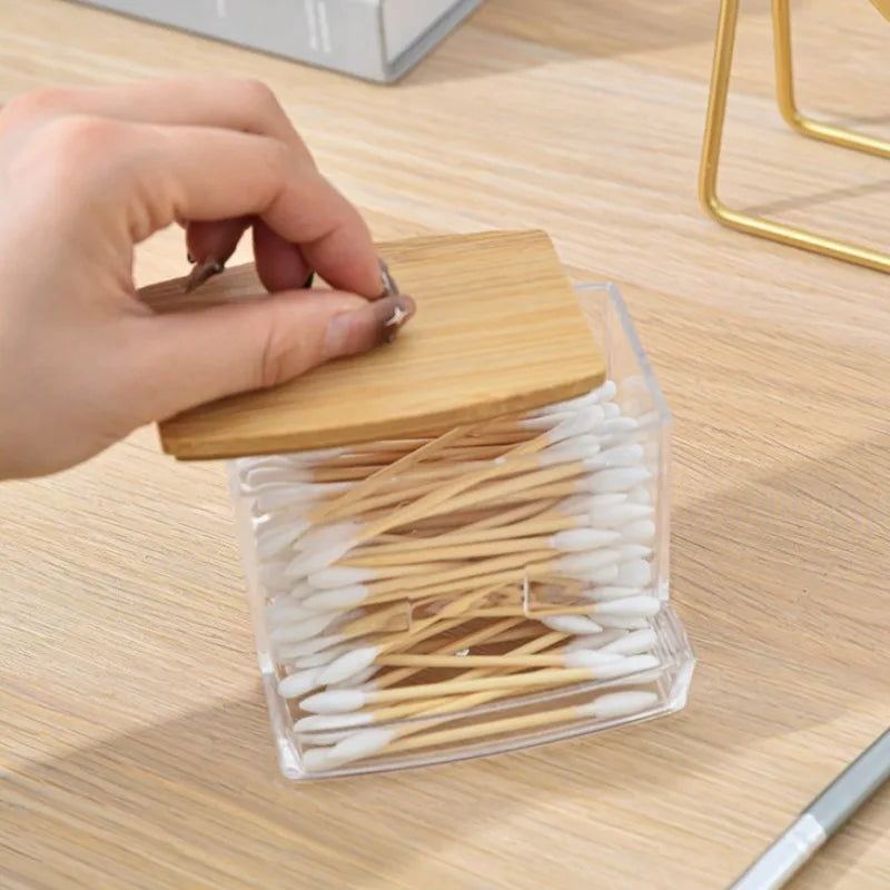 Cotton Swab Storage Box with Bamboo Lid
