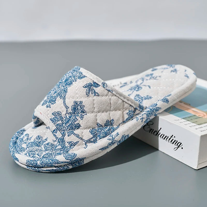 Floral Cotton Slippers Lightweight Anti Slip Indoor Home Shoes for Women Couples