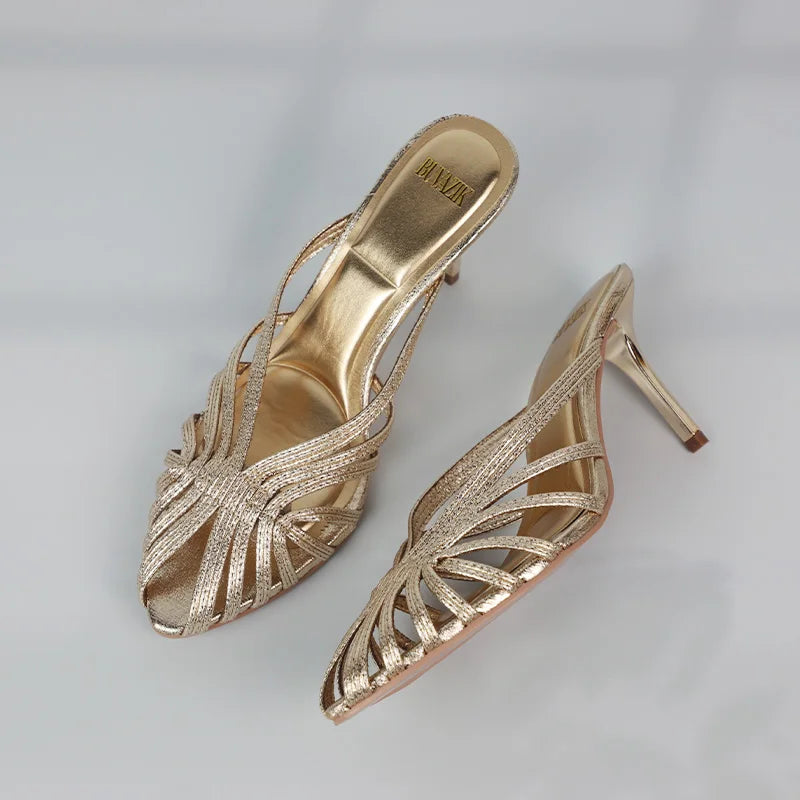 Gold Pointed Toe Mule Heels for Women Stiletto Sandals
