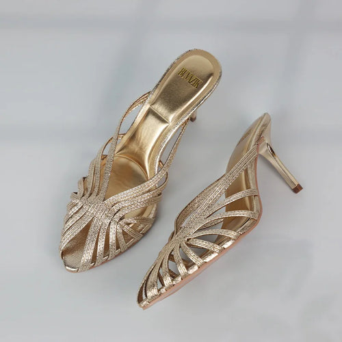 Gold Pointed Toe Mule Heels for Women Stiletto Sandals