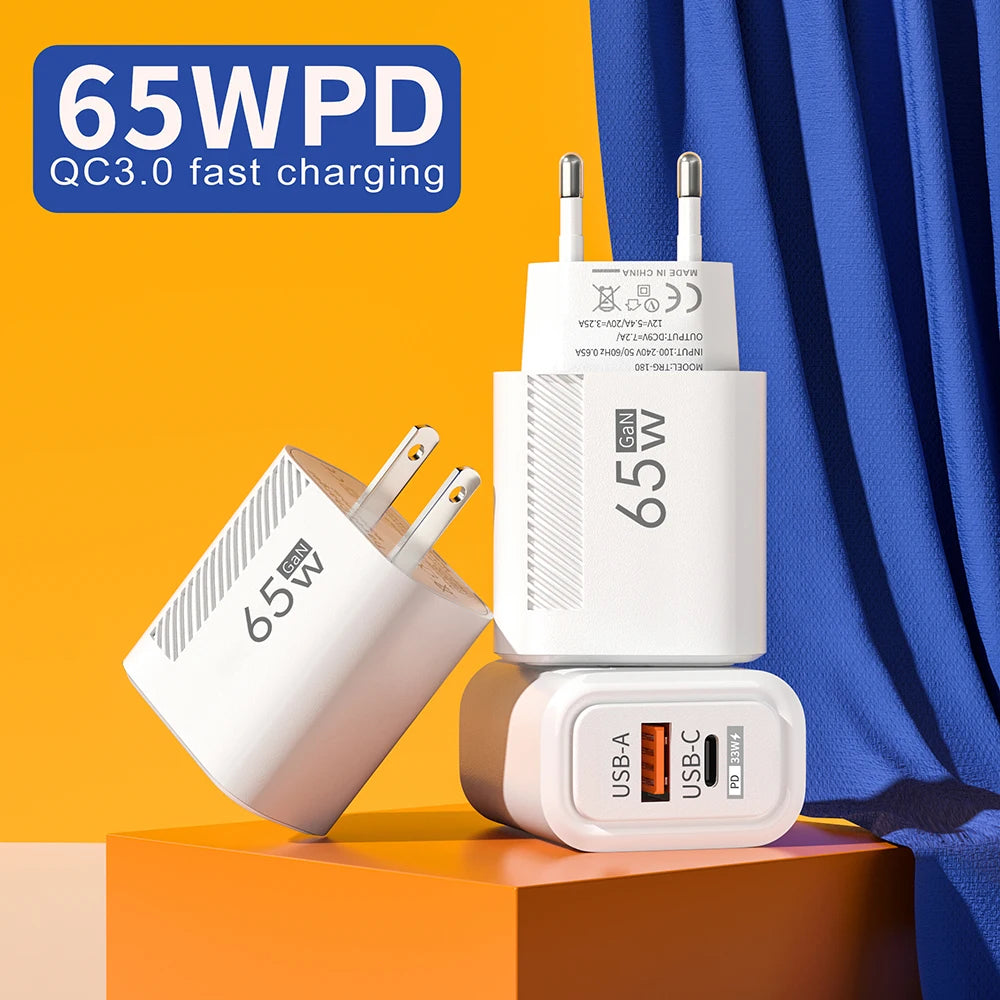 65W USB GaN Fast Charging Adapter QC3.0 USB Type C Wall Charger