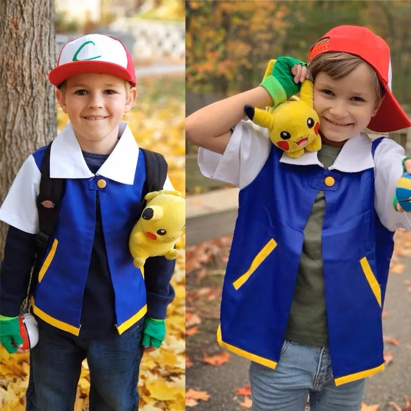 Men Boys Anime Trainer Cosplay Costume Blue Jacket Cap Gloves Set