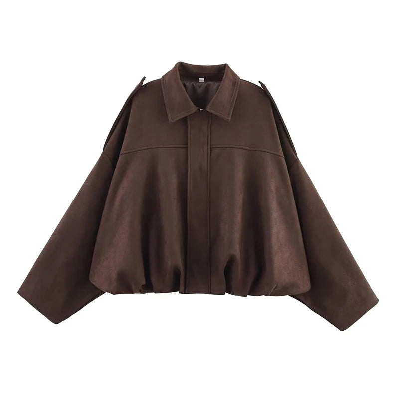 Women Bomber Jacket Vintage Turn Down Collar Loose Fit Coat Chic Outerwear