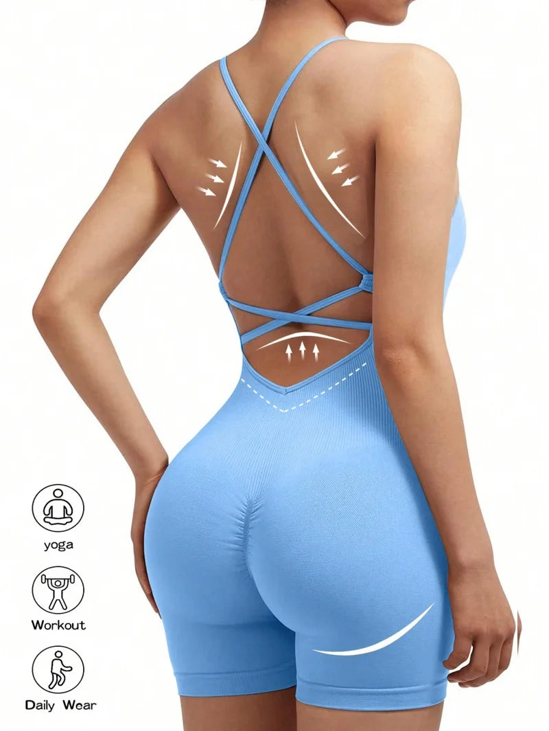 Women Adjustable Fitness Jumpsuit Backless Yoga Romper with Scrunch Shorts