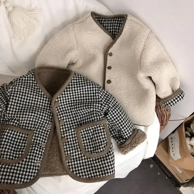 Kids Reversible Plaid Plush Jacket Warm Autumn Winter Coat Boys Girls