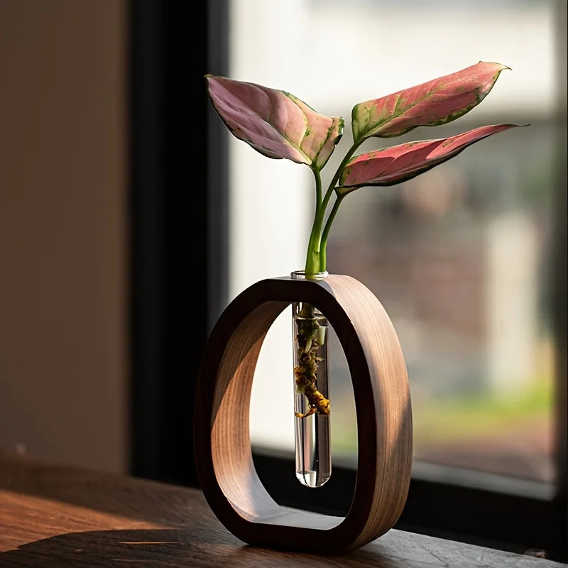 Solid Wood Flower Vase Glass Insert Mini Hydroponic Plant Holder Decor