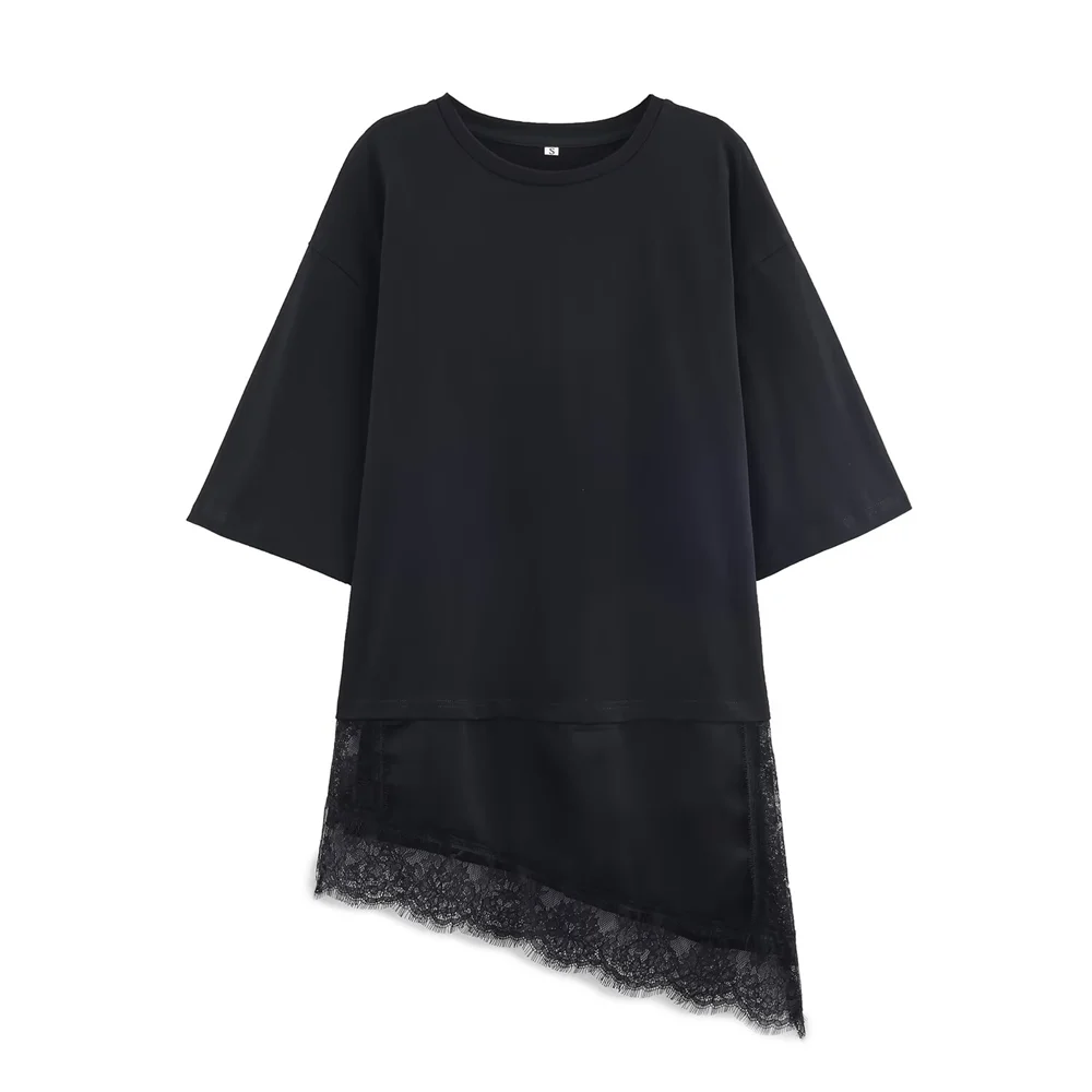 Women Asymmetric Lace T Shirt Slim Fit Round Neck Short Sleeve Fashion Top