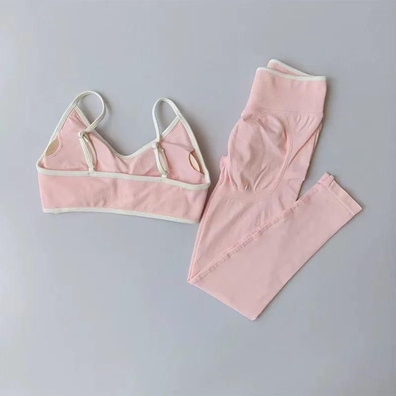 Women Strappy Sports Set Contrast Yoga Suit Shockproof Quick Dry Fitness Pants