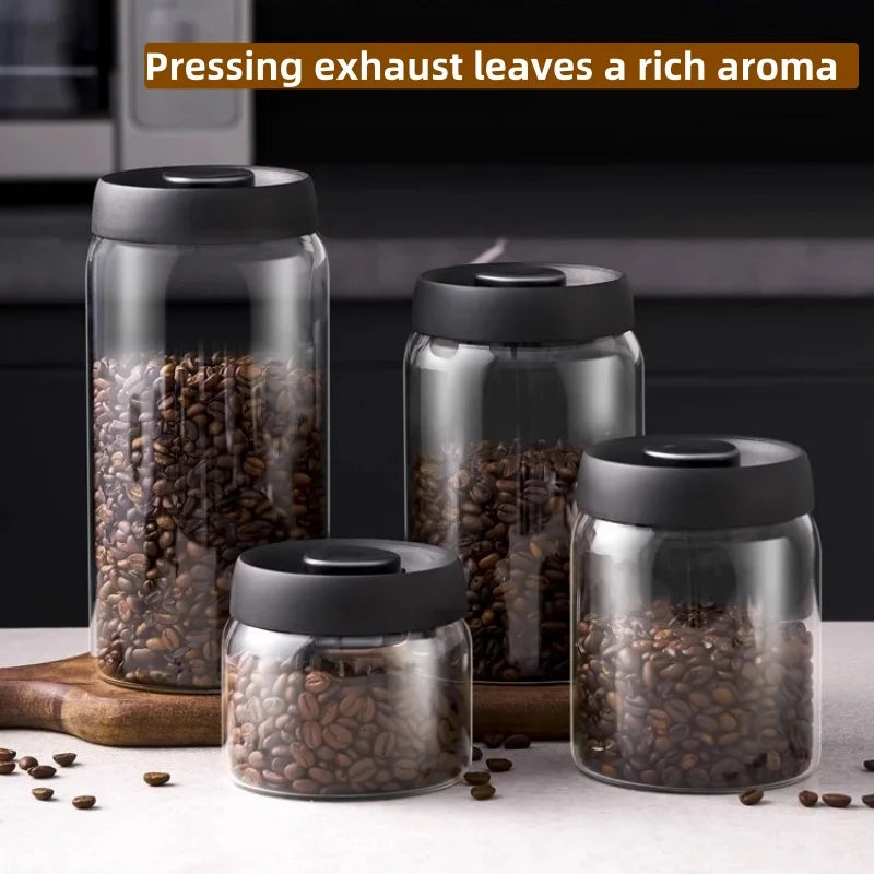 Glass Coffee Bean Storage Jar Vacuum Sealed Moisture Proof Black Lid Canister