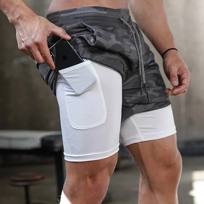 Men 2-in-1 Camo Running Shorts Quick Dry Gym Fitness Training Sports Shorts