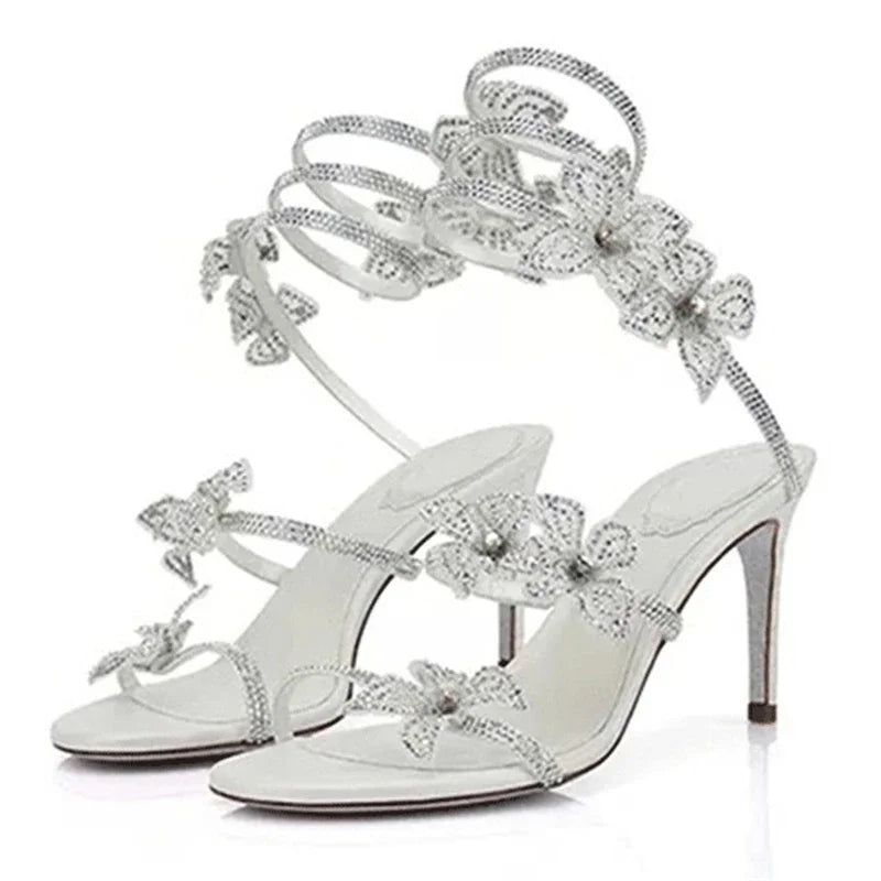 Women Crystal Flower High Heel Sandals Ankle Strap Thin Party Shoes