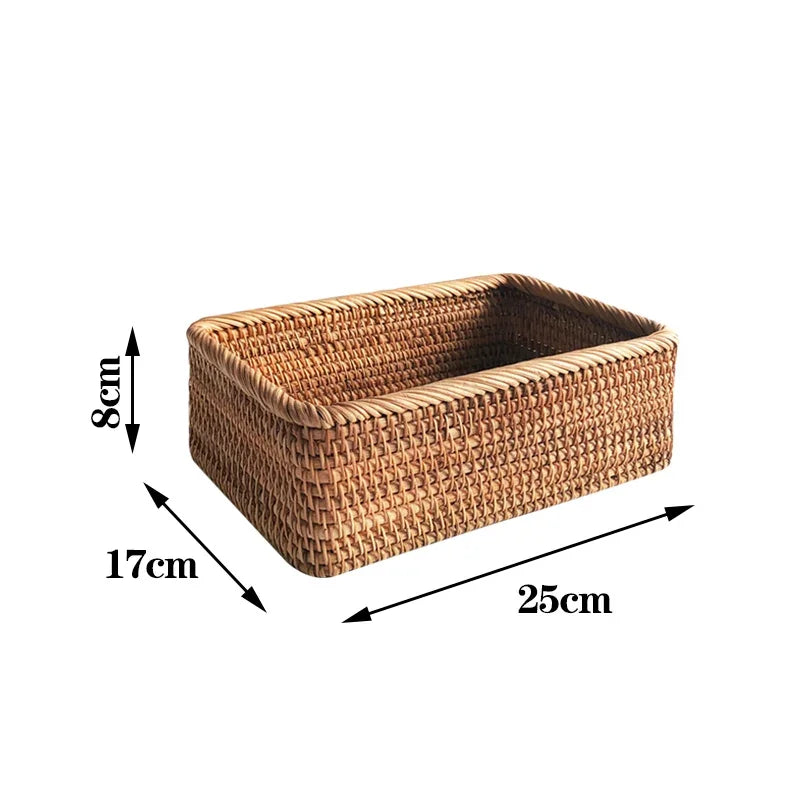 Hand Woven Rattan Basket Rectangular Storage Fruit Bread Snack Cosmetic Organizer