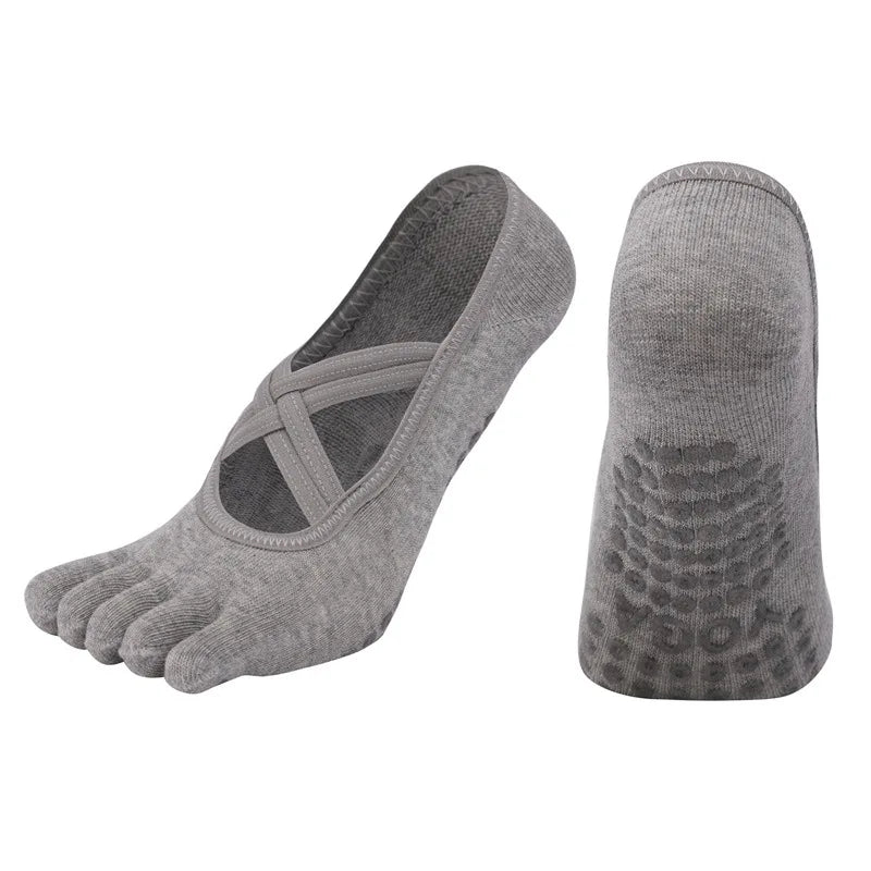 Women Anti Slip Pilates Five Toe Yoga Socks Silicone Grip Cotton Fitness Socks 1–4 Pairs