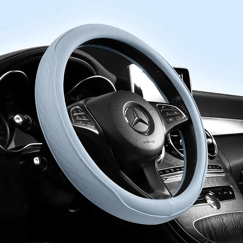 Nappa Leather Steering Wheel Cover 15 Inch Non Slip Breathable Universal Car Cover