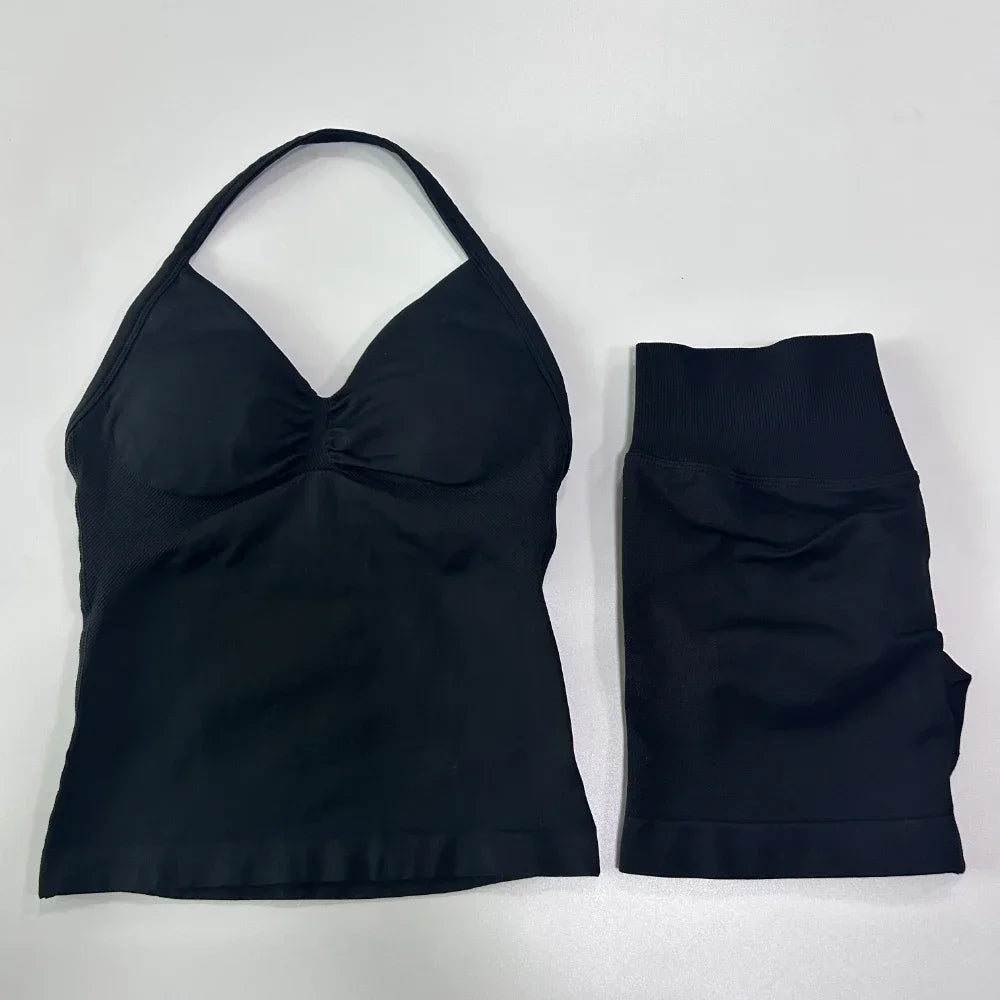 Yoga Set Women Seamless Tank Top High Waist Scrunch Shorts Gym Workout Set