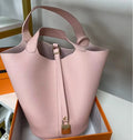 Women Bucket Handbag Soft PU Litchi Pattern Tote Bag with Lock and Scarf