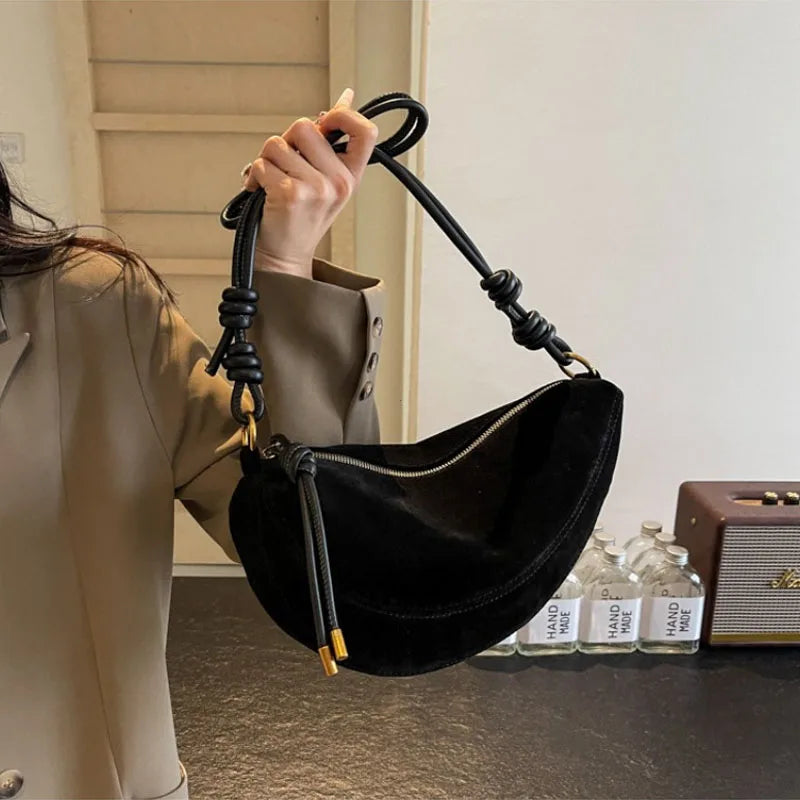 Women Faux Suede Shoulder Bag Underarm Crossbody Dumpling Bag