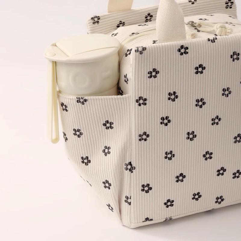 Corduroy Thermal Insulated Lunch Bag Multifunctional Storage Handbag Picnic Cooler Bag